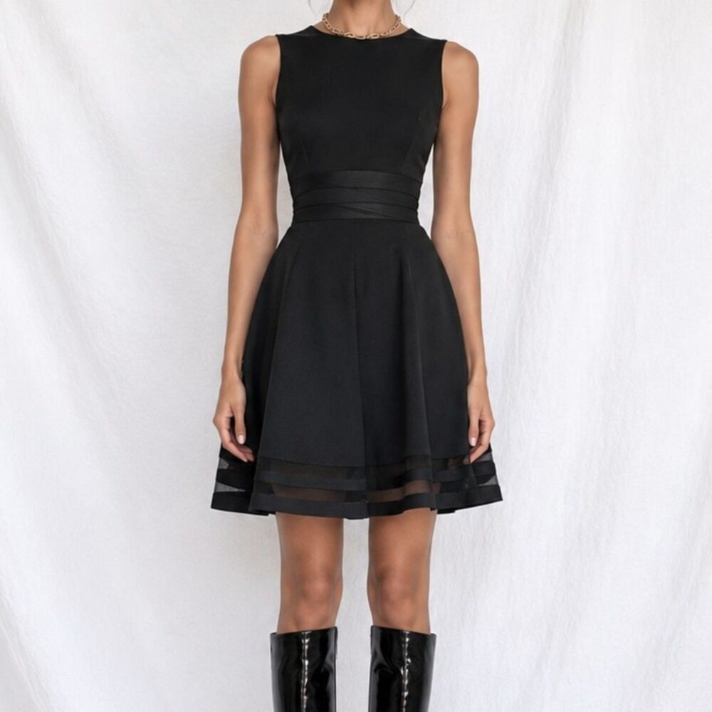 Vintage Y2K Black Flared Knit Mesh Sleeveless Cocktail Party Office Dress Size M